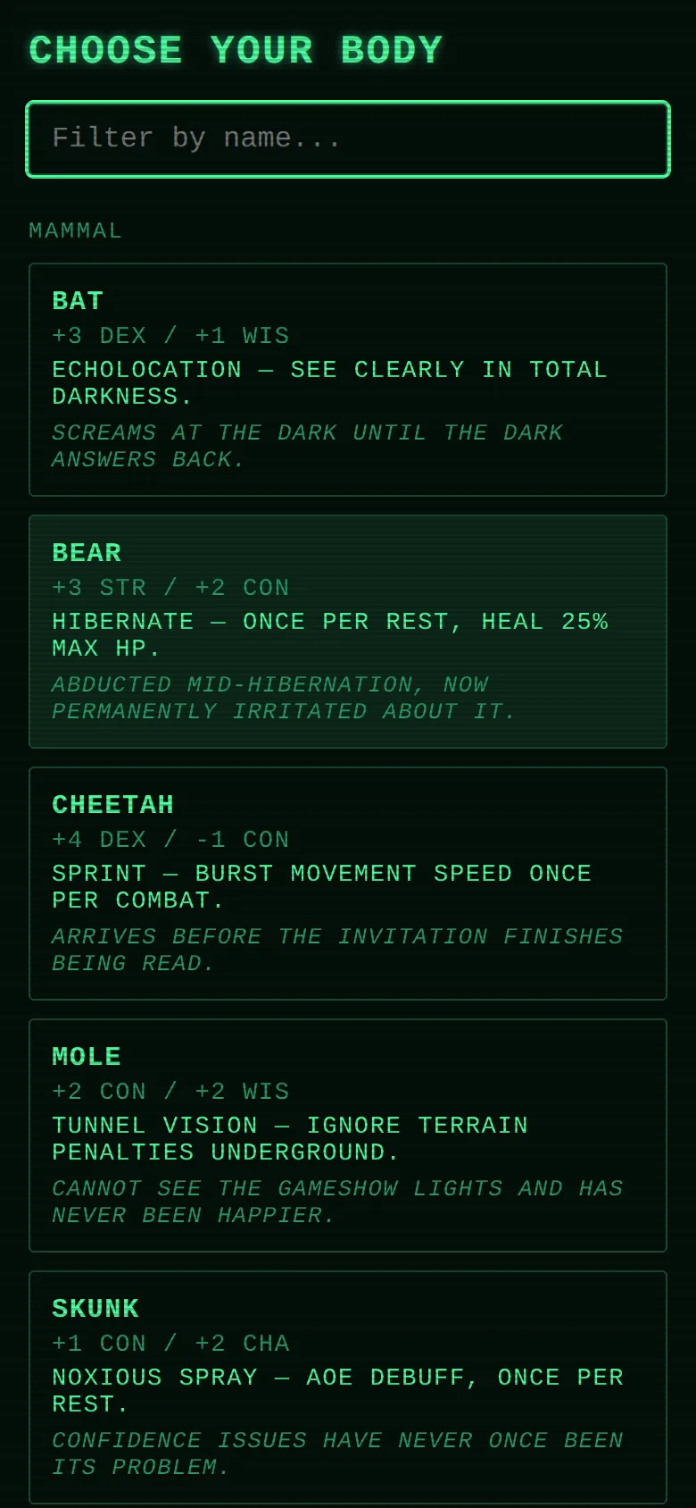 Race select screen listing Bat, Bear, Cheetah, Mole and Skunk with stats and flavor text