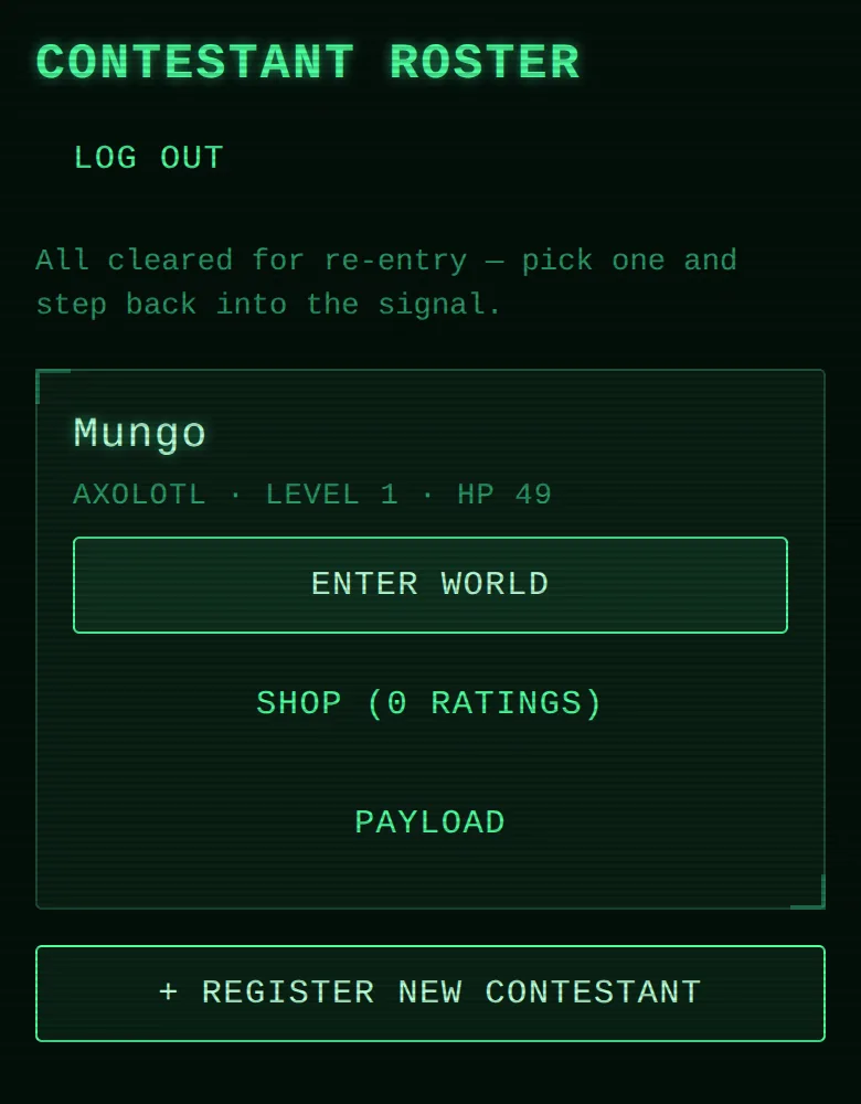 Contestant roster showing an Axolotl named Mungo with Enter World, Shop and Payload buttons