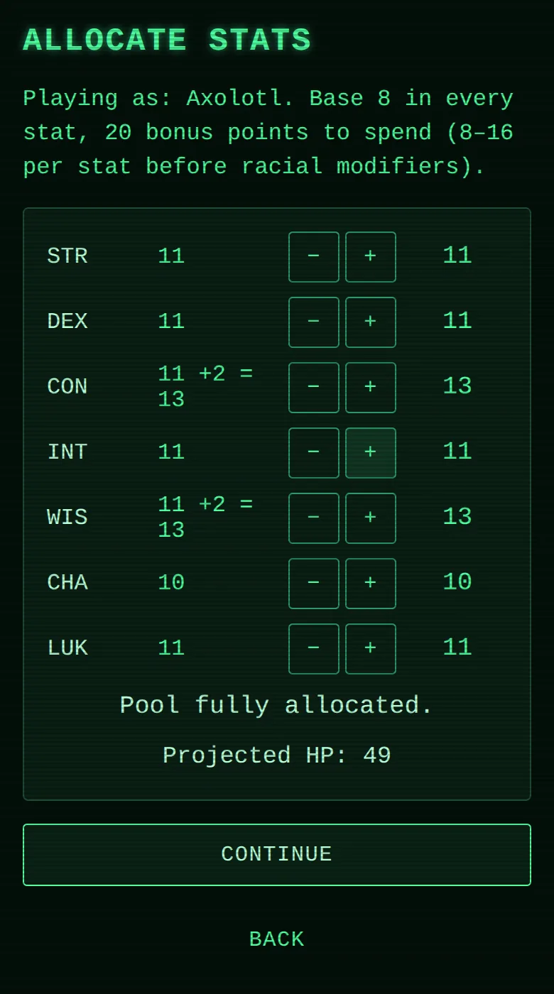Stat allocation screen with seven stats and a projected HP